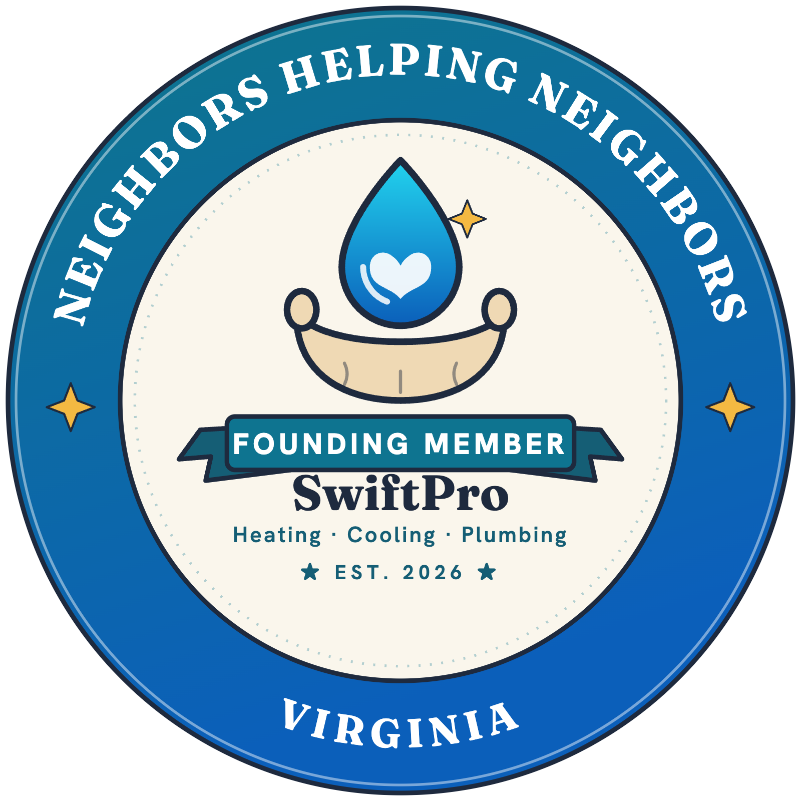 Neighbors Helping Neighbors — Virginia certification seal: SwiftPro, Founding Member, established 2026.