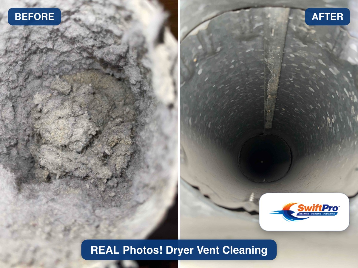 Before and after of a SwiftPro dryer vent cleaning - a vent packed solid with lint before, a clear open vent after