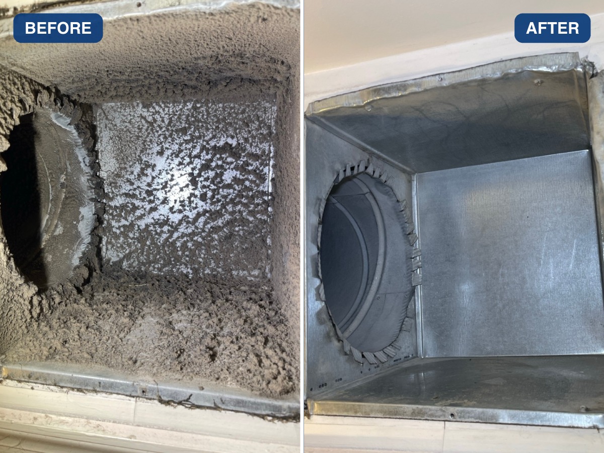 Before and after of a SwiftPro whole-system duct cleaning - a vent caked with dust and debris before, clean bare metal after